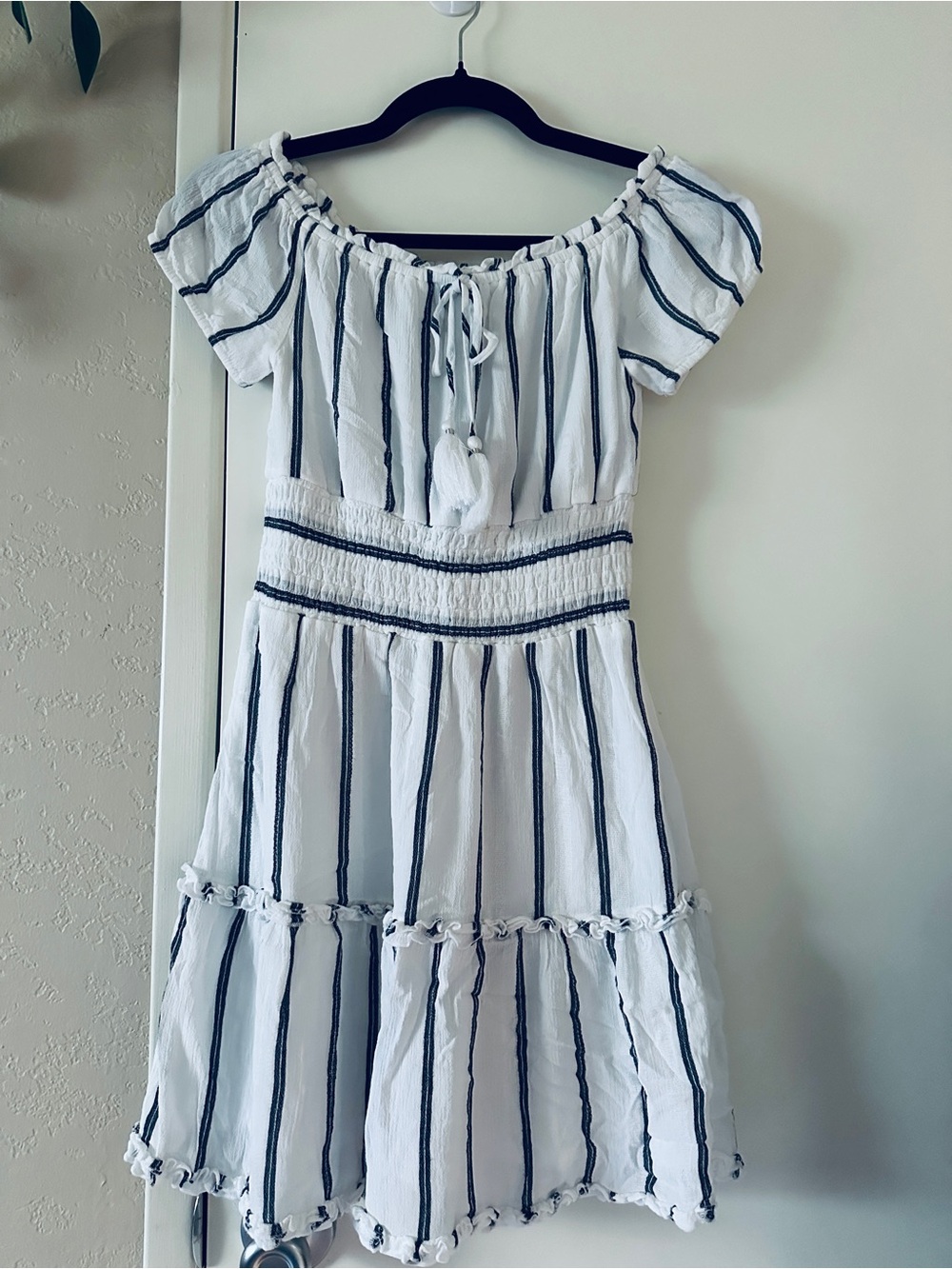 American Eagle Smocked Waist Mini Dress -XS- White and Navy Stripes-Tassel Tie